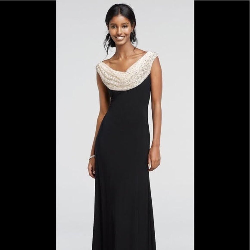 Long Black Evening Dress with Ivory Beaded Grecian Cowl Neck, front & back